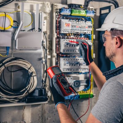 Man, an electrical technician working in a switchboard with fuses. Installation and connection of electrical equipment. Professional uses a tablet.