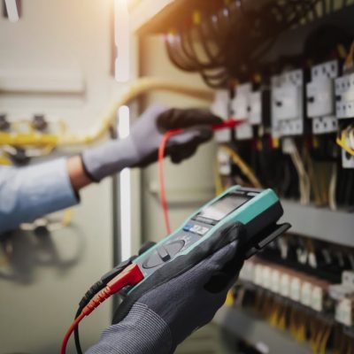 Electricity and electrical maintenance service, Engineer hand holding AC multimeter checking electric current voltage at circuit breaker terminal and cable wiring main power distribution board.